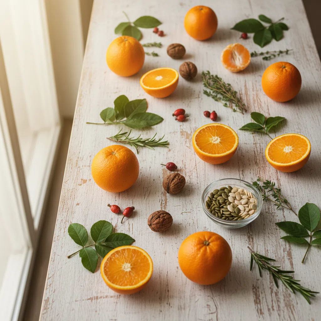 Frische Kräuter, Nüsse und Beeren als Rohstoffe für Nahrungsergänzung auf rustikalem Holztisch