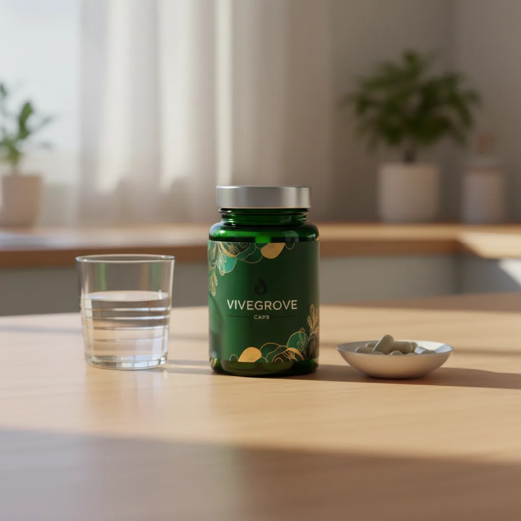 ViveGrove Caps Flakon auf hellem Küchentisch neben einem Glas Wasser und Mandeln, Morgenroutine